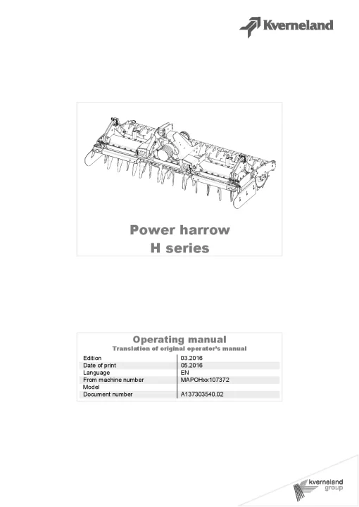 Kverneland H series Power Harrows 2016 Operation Maintenance Manual PDF download