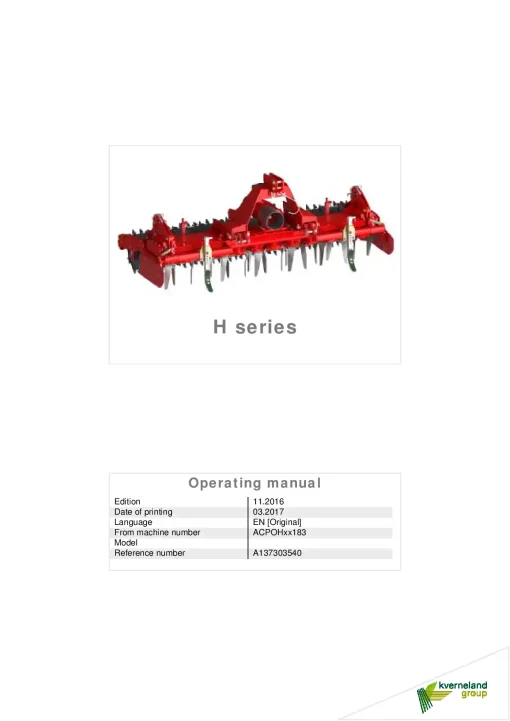 Kverneland H series Power Harrows 2017 Operation Maintenance Manual PDF download