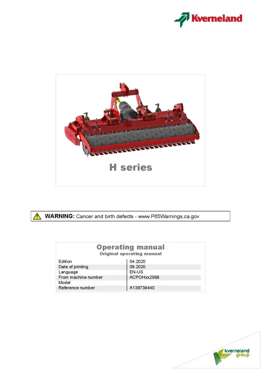 Kverneland H series Power Harrows 2020 Operation Maintenance Manual PDF download