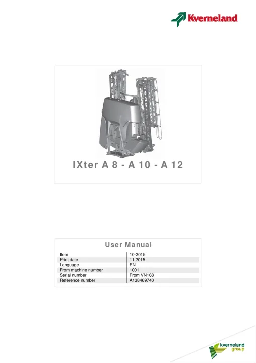 Kverneland IXter A8 -A10 -A12 Sprayers Mounted 2015 Operation Maintenance Manual PDF download