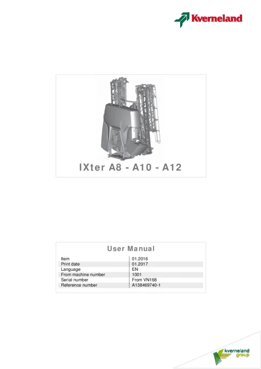 Kverneland IXter A8 -A10 -A12 Sprayers Mounted 2016 Operation Maintenance Manual PDF download