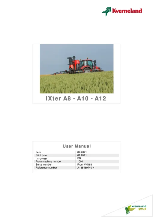 Kverneland IXter A8 -A10 -A12 Sprayers Mounted 2021 Operation Maintenance Manual PDF download