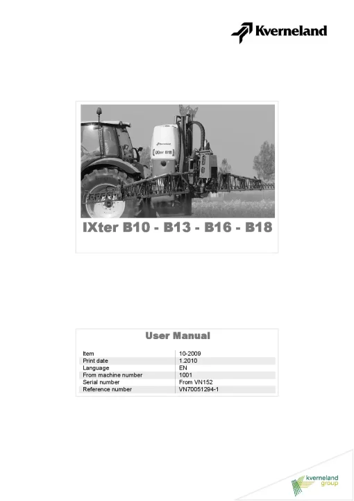 Kverneland IXter B10 B13 B16 B18 Sprayers Mounted 2009 Operation Maintenance Manual PDF download