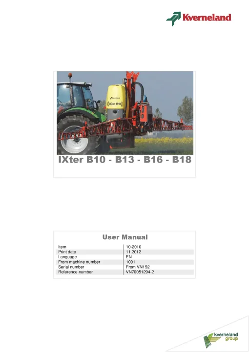 Kverneland IXter B10 B13 B16 B18 Sprayers Mounted 2010 Operation Maintenance Manual PDF download