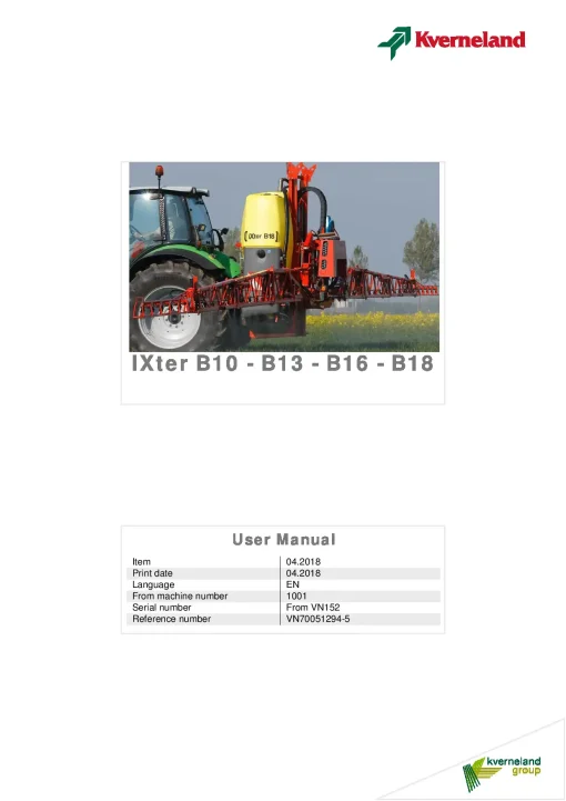 Kverneland IXter B10 B13 B16 B18 Sprayers Mounted 2018 Operation Maintenance Manual PDF download