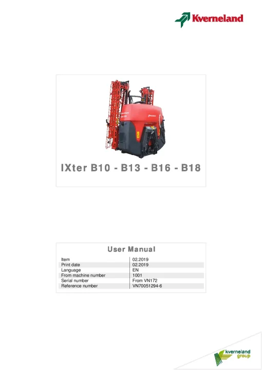 Kverneland IXter B10 B13 B16 B18 Sprayers Mounted 2019 Operation Maintenance Manual PDF download