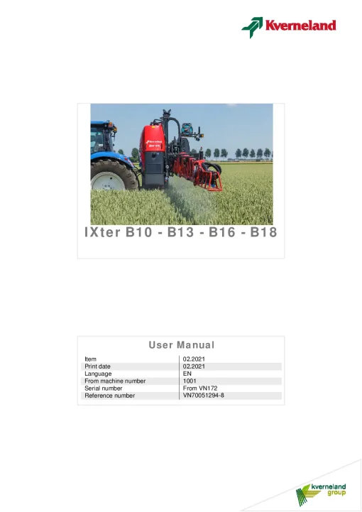 Kverneland IXter B10 B13 B16 B18 Sprayers Mounted 2021 Operation Maintenance Manual PDF download