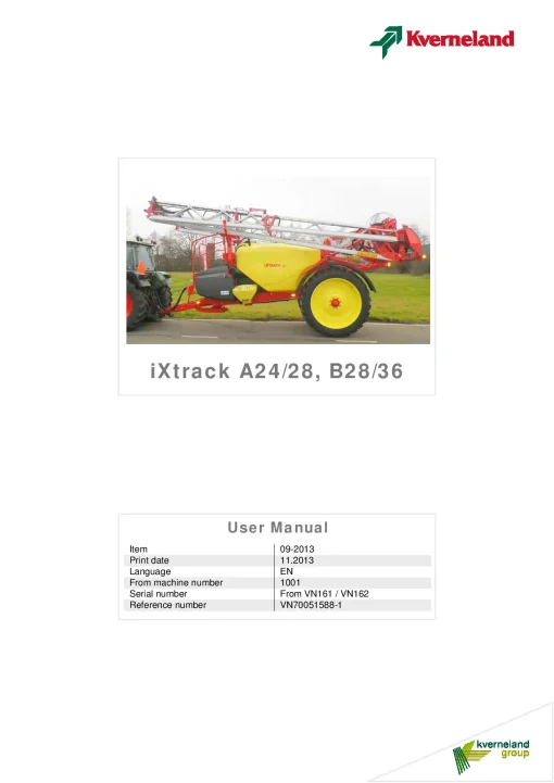Kverneland IXtrack A24 A28 B28 B36 Sprayers Trailed 2013 Operation Maintenance Manual PDF download