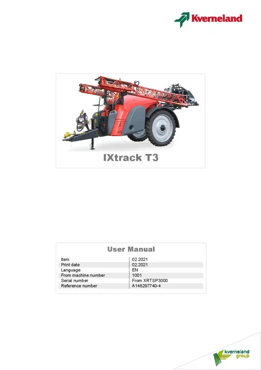 Kverneland IXtrack T3 Sprayers Trailed 2021 Operation Maintenance Manual PDF download