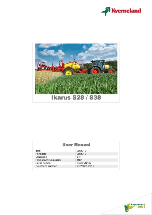 Kverneland Ikarus S28 S38 Sprayers Trailed 2019 Operation Maintenance Manual PDF download