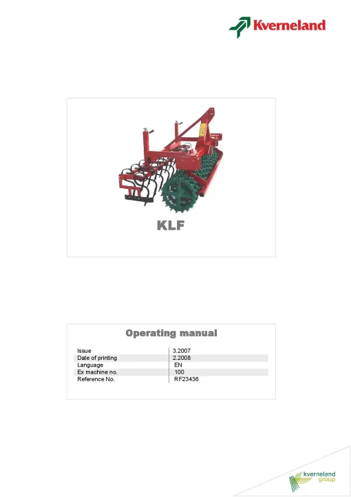 Kverneland KLF Cultivators seedbed 2007 Operation Maintenance Manual PDF download