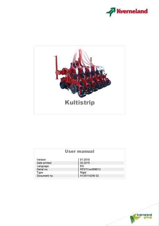 Kverneland Kultistrip Strip Till 2015 Operation Maintenance Manual PDF download
