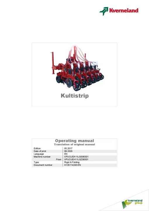 Kverneland Kultistrip Strip Till 2020 Operation Maintenance Manual PDF download