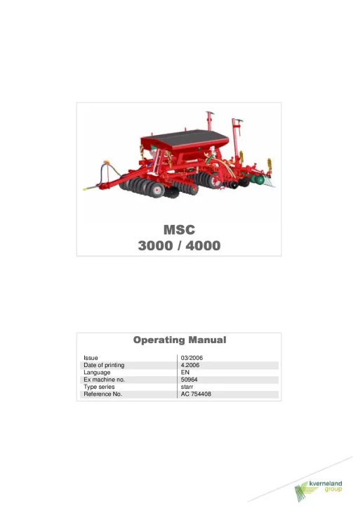 Kverneland MSC 3000-4000 Seeding combination Integrated 2006 Operation Maintenance Manual PDF download