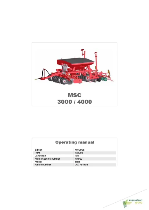 Kverneland MSC 3000-4000 Seeding combination Integrated 2008 Operation Maintenance Manual PDF download