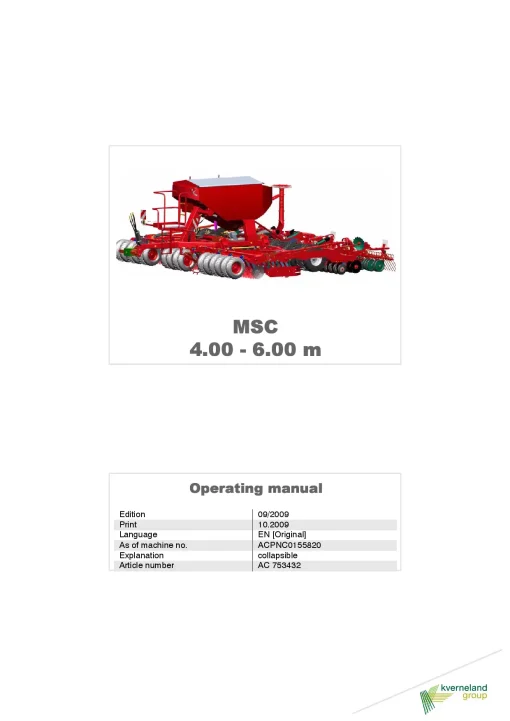 Kverneland MSC 4.00-6.00 m Seeding combination Integrated 2009 Operation Maintenance Manual PDF download