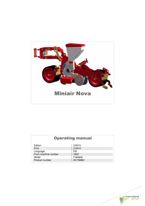 Kverneland Miniair Nova Precision drills Pneumatic 2010 Operation Maintenance Manual PDF download
