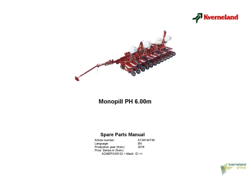 Kverneland Monopill PH 6.00m Precision drills 2016 Parts Manual Catalog Pdf Download