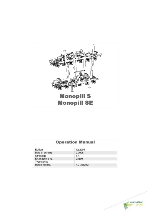 Kverneland Monopill S SE Precision drills 2006 Operation Maintenance Manual PDF download