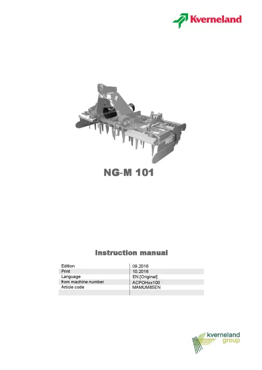 Kverneland NG-M 101 Power Harows 2016 Operation Maintenance Manual PDF download