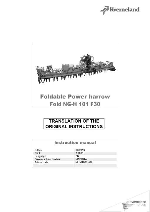 Kverneland NGH 101 F30 Power Harrow 2013 Operation Maintenance Manual PDF download