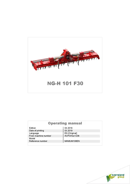 Kverneland NGH 101 F30 Power Harrow 2018 Operation Maintenance Manual PDF download