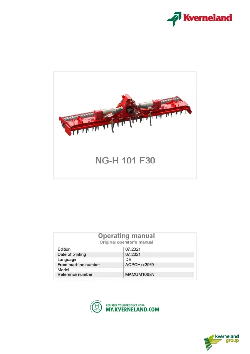 Kverneland NGH 101 F30 Power Harrow 2021 Operation Maintenance Manual PDF download