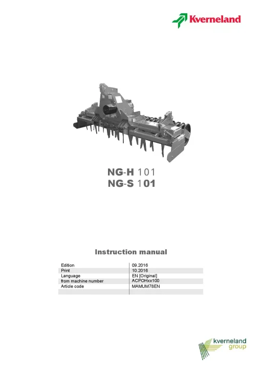 Kverneland NGH 101 -NGS 101 Power harrows 2016 Operation Maintenance Manual PDF download