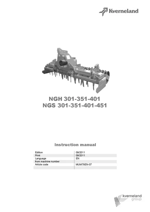 Kverneland NGH- 301 351 401 NGS-301 351 401 451 Power Harrows 2011 Operation Maintenance Manual PDF download