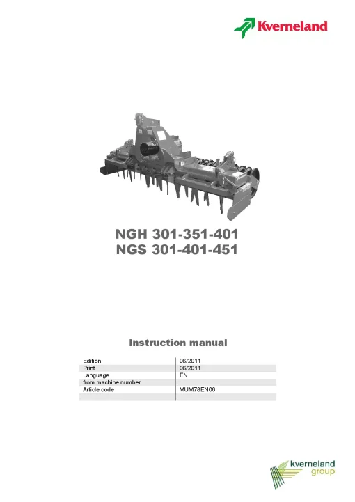 Kverneland NGH- 301 351 401 NGS-301 401 451 Power Harrows 2011 Operation Maintenance Manual PDF download