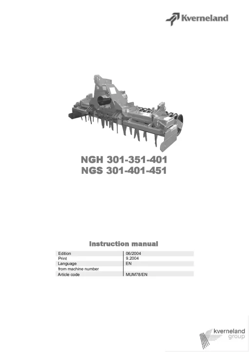 Kverneland NGH- 301 351 401 NGS- 301 401 451 Power harrows 2004 Operation Maintenance Manual PDF download