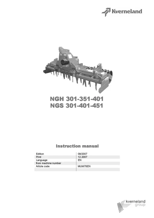 Kverneland NGH- 301 351 401 NGS- 301 401 451 Power harrows 2007 Operation Maintenance Manual PDF download