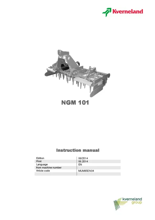 Kverneland NGM 101 Power Harrows 2014 Operation Maintenance Manual PDF download