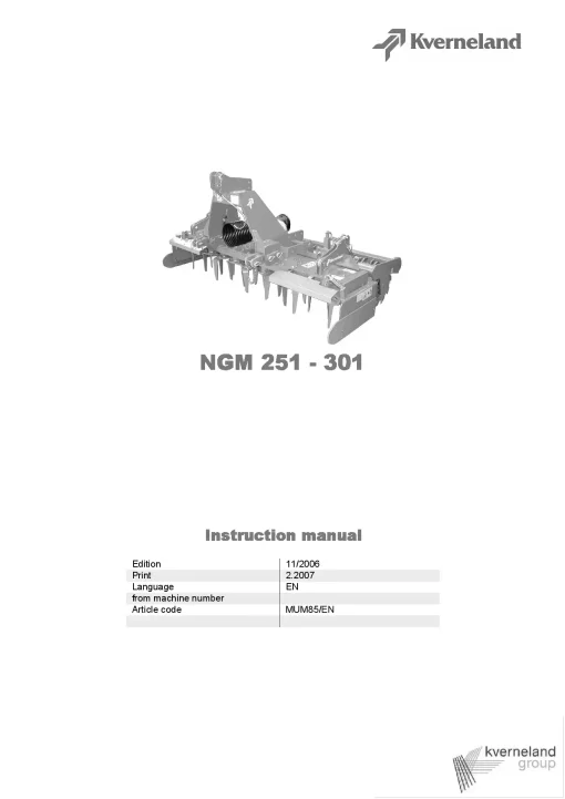 Kverneland NGM 251 -301 Power Harrows 2007 Operation Maintenance Manual PDF download