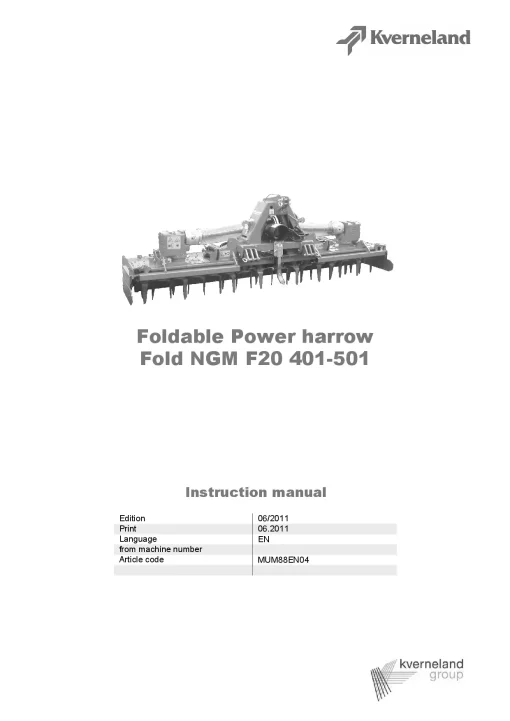 Kverneland NGM F20 401 -501 Power Harrows 2011 Operation Maintenance Manual PDF download
