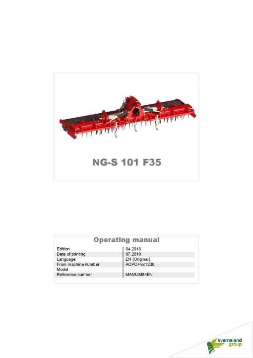 Kverneland NGS 101 F35 Power Harrows 2018 Operation Maintenance Manual PDF download