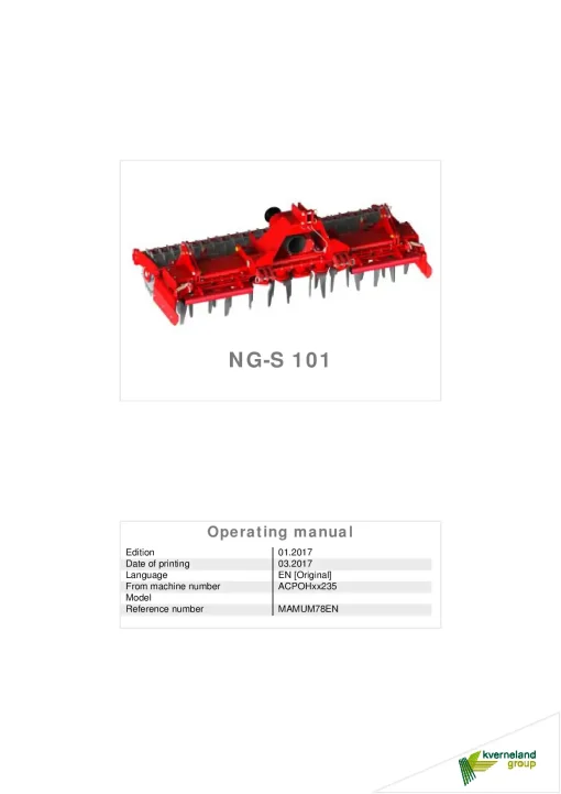 Kverneland NGS 101 Power Harrows 2017 Operation Maintenance Manual PDF download