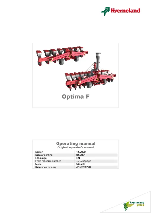 Kverneland Optima F Precision drills Pneumatic 2021 Operation Maintenance Manual PDF download
