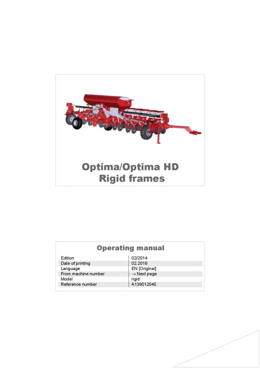 Kverneland Optima -HD Rigid Frames Precision drills Pneumatic 2016 Operation Maintenance Manual PDF download