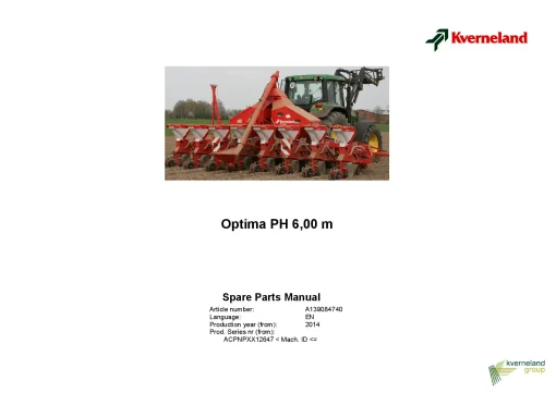 Kverneland Optima PH 6.00 m Pneumatic 2014 Parts Manual Catalog Pdf Download