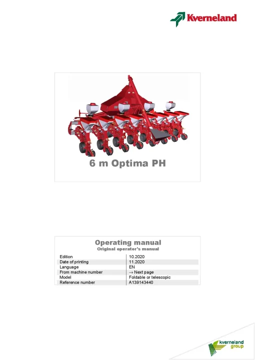Kverneland Optima PH 6.00 m Pneumatic 2020 Operation Maintenance Manual PDF download
