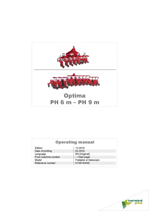Kverneland Optima PH 6m-9m Precision drills Pneumatic 2018 Operation Maintenance Manual PDF download