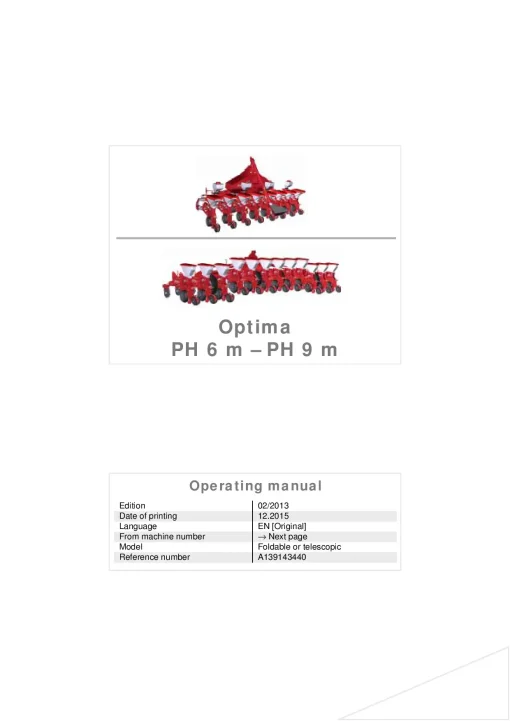 Kverneland Optima PH 9m Precision drills Pneumatic 2013 Operation Maintenance Manual PDF download