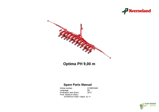 Kverneland Optima PH 9m Precision drills Pneumatic 2013 Parts Manual Catalog Pdf Download