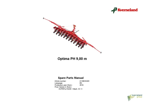 Kverneland Optima PH 9m Precision drills Pneumatic 2019 Parts Manual Catalog Pdf Download