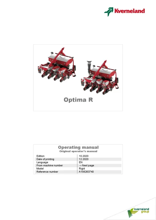 Kverneland Optima R Precision drills Pneumatic 2020 Operation Maintenance Manual PDF download