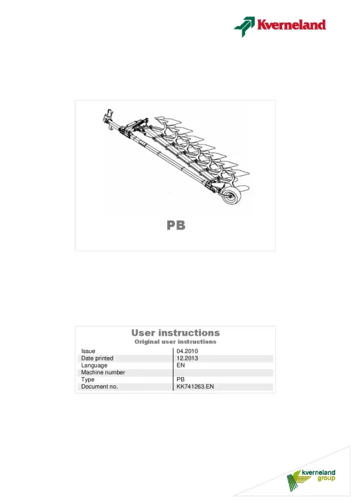 Kverneland PB Ploughs Reversible Semi-mounted 2013 Operation Maintenance Manual PDF download