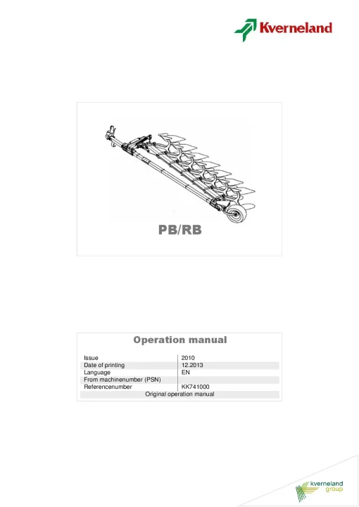 Kverneland PB-RB Ploughs Reversible Semi-mounted 2010 Operation Maintenance Manual PDF download