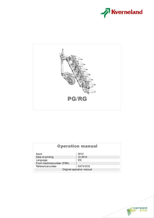 Kverneland PG -RG Ploughs Reversible Semi-mounted 2010 Operation Maintenance Manual PDF download