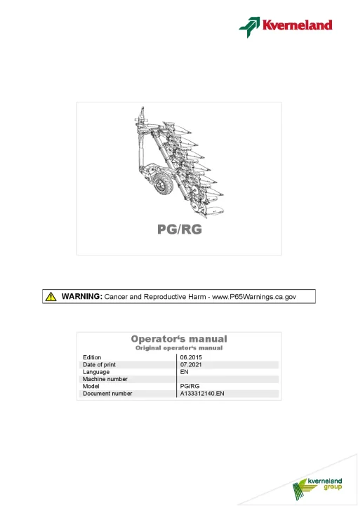 Kverneland PG -RG Ploughs Reversible Semi-mounted 2015 North America Operation Maintenance Manual PDF download